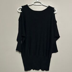 Questions Womens Sweater Blouse L Black Cold Shoulder Studded Top Batwing Sleeve